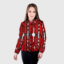 Куртка с капюшоном женская Чёрно-красные техно полосы на белом фоне, цвет: 3D-черный — фото 2
