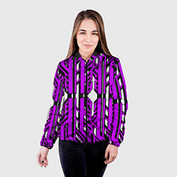Куртка с капюшоном женская Чёрно-фиолетовые техно полосы на белом фоне, цвет: 3D-черный — фото 2