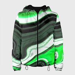 Куртка с капюшоном женская Волнистые горизонтальные чёрно-зелёные полосы на б, цвет: 3D-черный