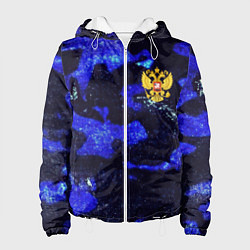 Куртка с капюшоном женская Синий потертый камуфляж и герб РФ, цвет: 3D-белый