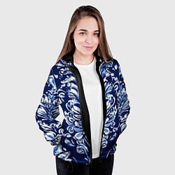 Куртка с капюшоном женская Гжель русский орнамент королевский синий, цвет: 3D-черный — фото 2