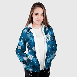 Куртка с капюшоном женская Снежинки белые и голубые, цвет: 3D-белый — фото 2