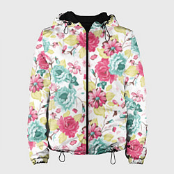 Куртка с капюшоном женская Розы красные и бирюзовые, цвет: 3D-черный