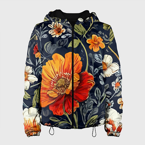Женская куртка Маки и пионы старинный паттерн / 3D-Черный – фото 1