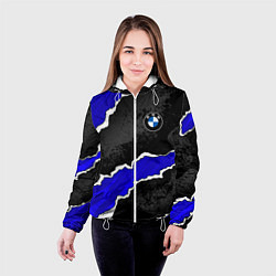 Куртка с капюшоном женская BMW - синие разрывы, цвет: 3D-белый — фото 2