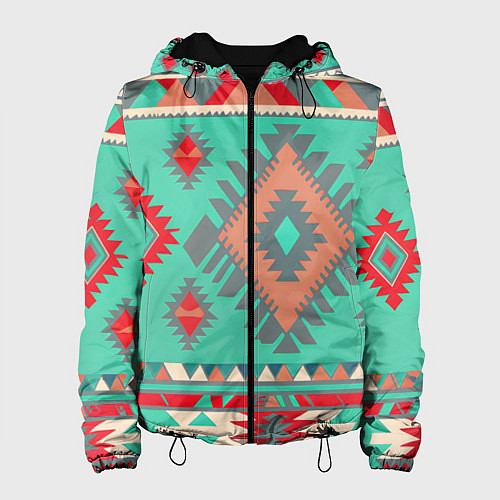 Женская куртка Оранжево бирюзовый геометрический узор в стиле ацт / 3D-Черный – фото 1