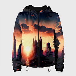 Куртка с капюшоном женская Пейзаж город будущего закат, цвет: 3D-черный