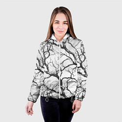 Куртка с капюшоном женская Черно-белые ветви деревьев на белом фоне, цвет: 3D-белый — фото 2