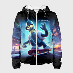 Куртка с капюшоном женская Bender is a skateboarder in neon street - ai art, цвет: 3D-белый