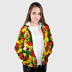Куртка с капюшоном женская Авокадо, бананы, перцы чили улыбаются - паттерн фр, цвет: 3D-белый — фото 2