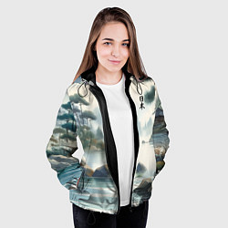 Куртка с капюшоном женская Японский акварельный пейзаж, цвет: 3D-черный — фото 2