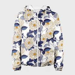 Куртка с капюшоном женская Цветы с синими листьями, цвет: 3D-белый