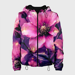 Куртка с капюшоном женская Волшебный розовый цветок с искрами, цвет: 3D-черный