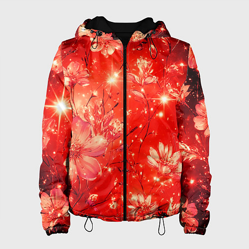 Женская куртка Цветочный красный с искрами / 3D-Черный – фото 1