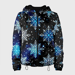 Куртка с капюшоном женская Стилизованный чёрно-синий со снежинками, цвет: 3D-черный