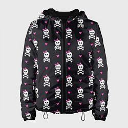 Куртка с капюшоном женская Милый паттерн с черепами и сердцечками на черном ф, цвет: 3D-черный