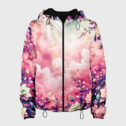 Куртка с капюшоном женская Фантастический цветочный розовый с облаками, цвет: 3D-черный