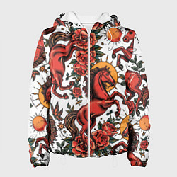 Куртка с капюшоном женская Красный конь в стиле татуировки, цвет: 3D-белый
