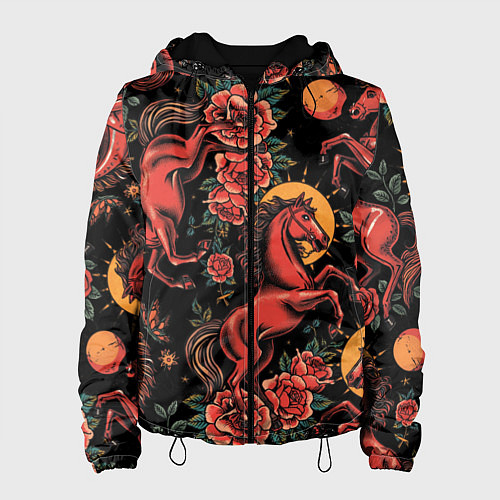 Женская куртка Красная лошадь с розами / 3D-Черный – фото 1