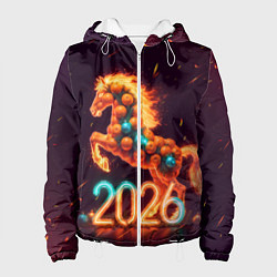 Куртка с капюшоном женская Новогодняя мандариновая лошадь 2026, цвет: 3D-белый