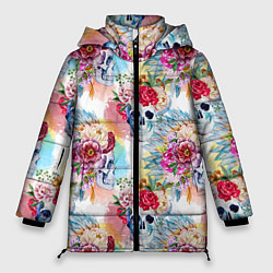Куртка зимняя женская Цветы и бабочки 5, цвет: 3D-черный