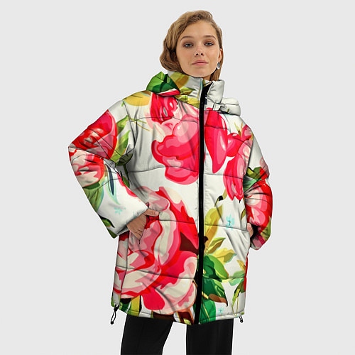 Женская зимняя куртка Пиончики / 3D-Красный – фото 3