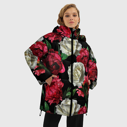Женская зимняя куртка Красные и белые розы / 3D-Красный – фото 3