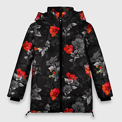 Куртка зимняя женская Красные цветы, цвет: 3D-черный