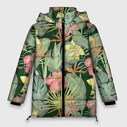 Куртка зимняя женская Тропические растения и цветы, цвет: 3D-черный