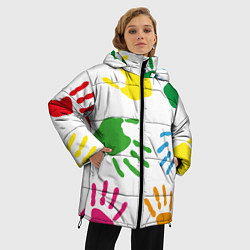 Куртка зимняя женская Цветные ладошки - Детский узор, цвет: 3D-красный — фото 2
