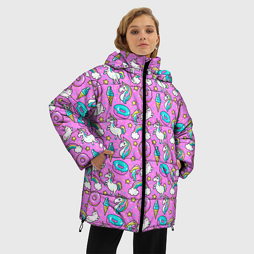 Женская зимняя куртка Единороги и пончики / 3D-Красный – фото 3