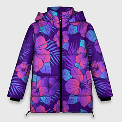 Куртка зимняя женская Узор Неоновый Гибискус, цвет: 3D-черный