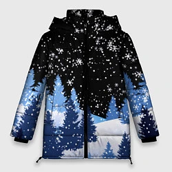 Куртка зимняя женская Снежная ночь в зимнем лесу, цвет: 3D-черный
