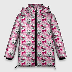 Куртка зимняя женская Йоркширский Терьер на Розовом Фоне, цвет: 3D-черный