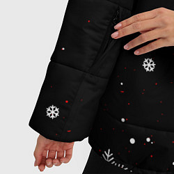 Куртка зимняя женская КРАСНО БЕЛЫЕ СНЕЖИНКИ НА ЧЁРНОМ ФОНЕ, цвет: 3D-черный — фото 2