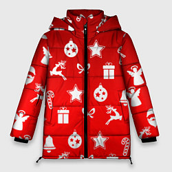Куртка зимняя женская Новогодний узор красный градиент, цвет: 3D-черный