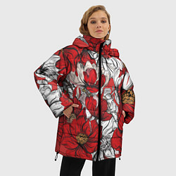 Куртка зимняя женская Цветы на алом фоне, цвет: 3D-красный — фото 2