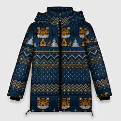 Куртка зимняя женская Вязаный стиль текстура Тигры, цвет: 3D-черный