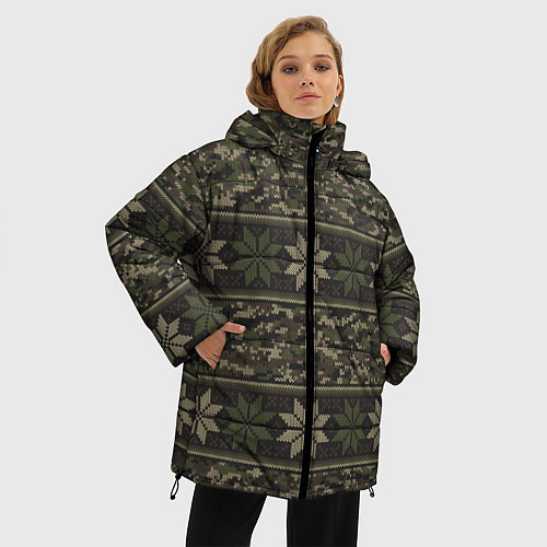 Женская зимняя куртка Вязанный камуфляж с цветами / 3D-Красный – фото 3