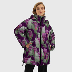 Куртка зимняя женская Фиолетовые каллы на темно фиолетовом фоне, цвет: 3D-светло-серый — фото 2