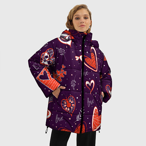 Женская зимняя куртка Красно-белые сердечки и слово love на темно фиолет / 3D-Красный – фото 3