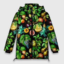 Куртка зимняя женская Сочные фрукты - персик, груша, слива, ананас, цвет: 3D-черный