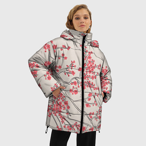 Женская зимняя куртка Красные цветы на ветках / 3D-Красный – фото 3