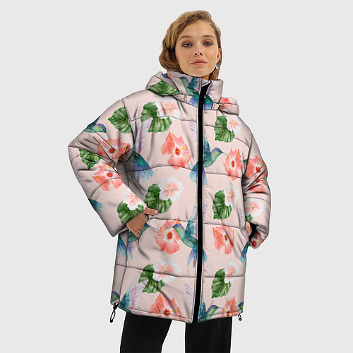 Женская зимняя куртка Колибри и нежные цветы / 3D-Красный – фото 3