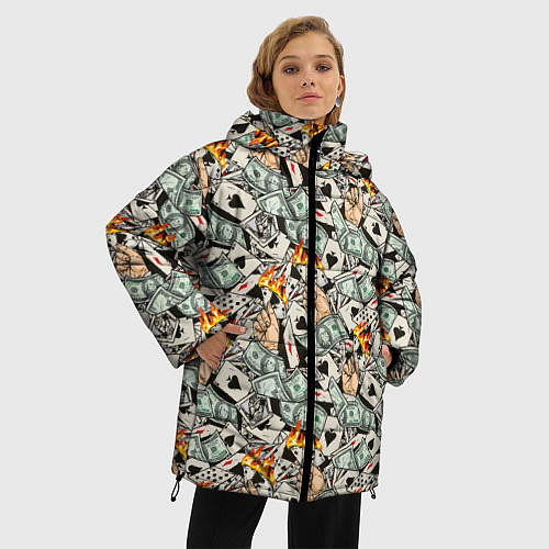 Женская зимняя куртка Карты, Деньги, Казино / 3D-Светло-серый – фото 3