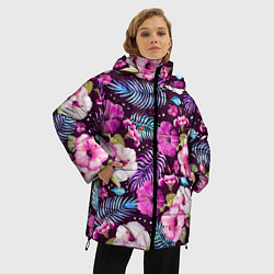 Куртка зимняя женская Цветочный Паттерн Flowers and leaves, цвет: 3D-черный — фото 2