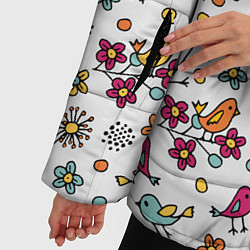 Куртка зимняя женская Птицы и цветы Разноцветный узор в дудл стиле, цвет: 3D-красный — фото 2