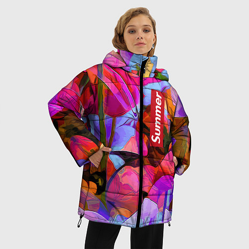 Женская зимняя куртка Красочный летний цветочный паттерн Summer color pa / 3D-Красный – фото 3