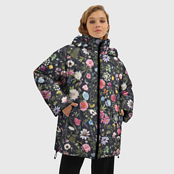 Куртка зимняя женская Разные цветы, листья, травы на темном фоне, цвет: 3D-черный — фото 2