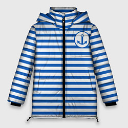 Куртка зимняя женская Морская тельняшка - бело-синие полосы и якорь, цвет: 3D-светло-серый